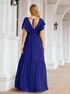 Numbersea Women's Open Back Formal Evening Party Prom Gowns V-Neck Long Chiffon Bridesmaid Dresses with Waist Belt 28038