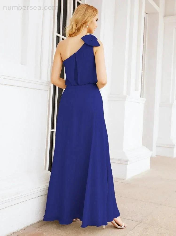 Numbersea Chiffon Ruffled One Shoulder Sleeveless Long Bride Dresses A-line Formal Evening Gown Side Split 28057