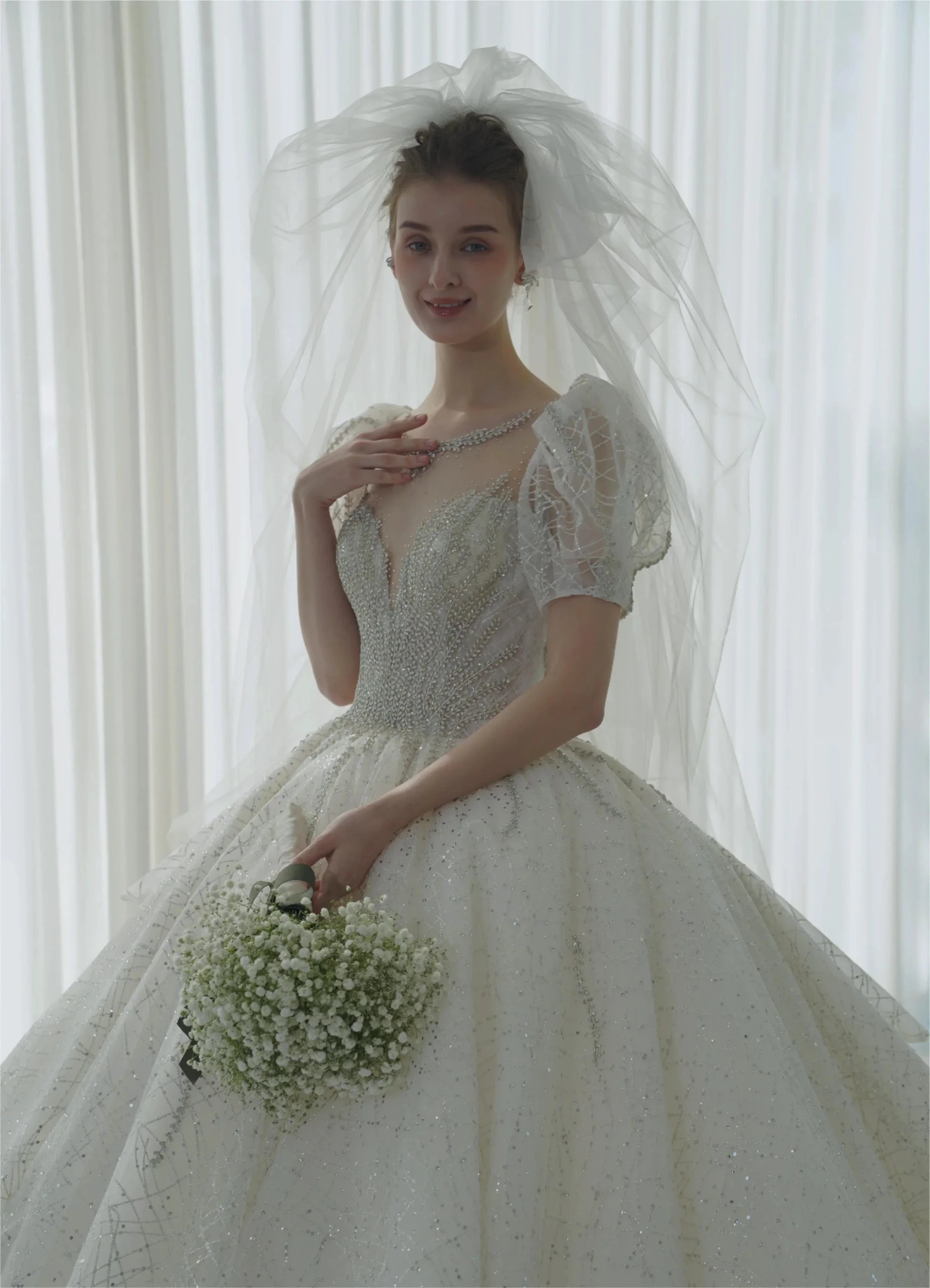 Glittering Ball Gown Deep V-Neck Tulle Wedding Dress with Beaded Embroidery & Puff Sleeves 6021-1