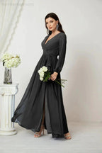 Sunnderly Evening Dresses Deep V-Neck Chiffon Bridesmaid Dresses Long Bishop Sleeve Side Split Formal Dress SY2806