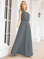 Numbersea Chiffon Ruffled One Shoulder Sleeveless Long Bride Dresses A-line Formal Evening Gown Side Split 28057