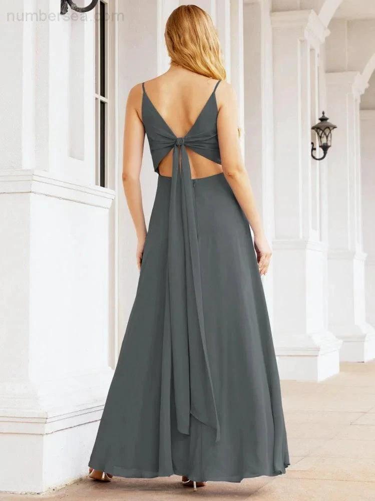 Numbersea Spaghetti Strap Bridesmaid Dresses V Neck Butterfly Back Fromal Evening Party Prom Gown 28036