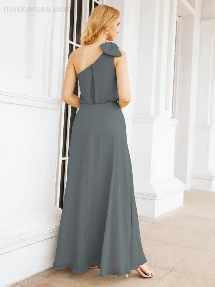 Numbersea Chiffon Ruffled One Shoulder Sleeveless Long Bride Dresses A-line Formal Evening Gown Side Split 28057