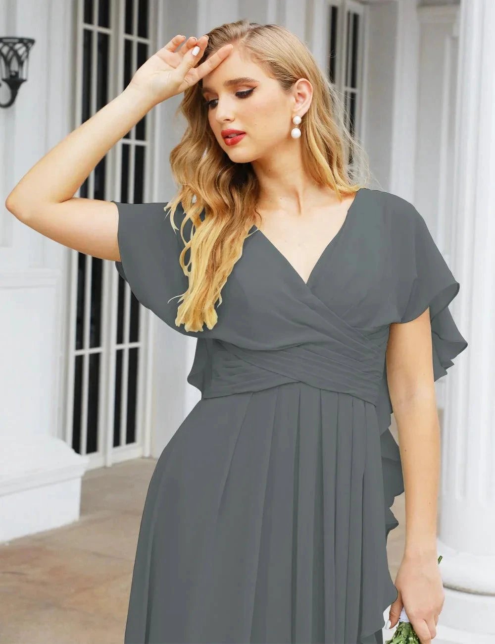Numbersea Chiffon Bridesmaid Dresses Long Formal Evening Prom Mother of The Bride Dress with Flutter Sleeve     SEA28040