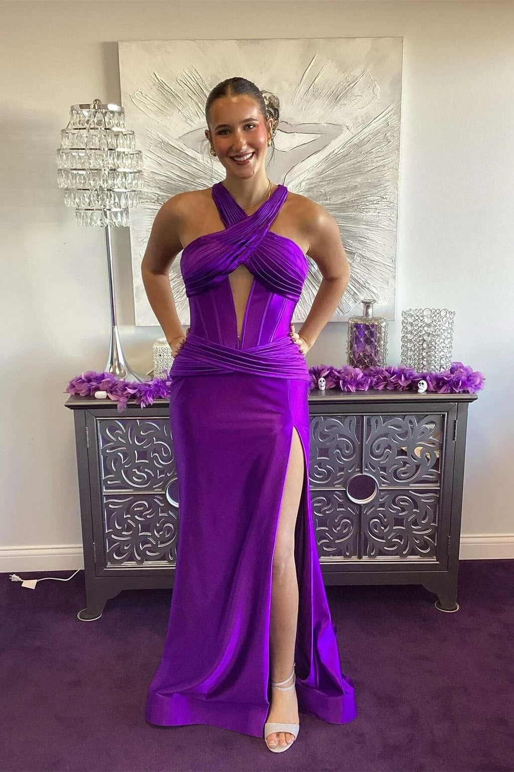 Veda | Green Satin Mermaid Slit Prom Dress with Criss Cross Neck
