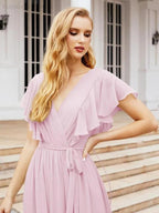 Numbersea Women's Open Back Formal Evening Party Prom Gowns V-Neck Long Chiffon Bridesmaid Dresses with Waist Belt 28038