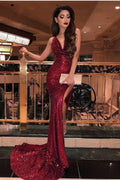 Split Side Spaghetti Straps Sequins Burgundy Mermaid Long Prom Dress