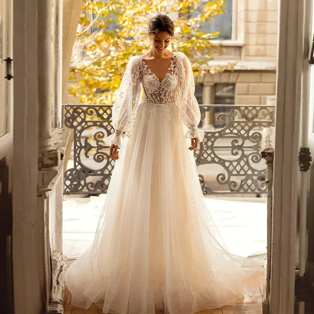 3D Flower Wedding Dress Lace Long Sleeve Women's Bridal Gownes Sexy V-neck Tulle Transparent A-line Dress Bohemia Robe Vestido