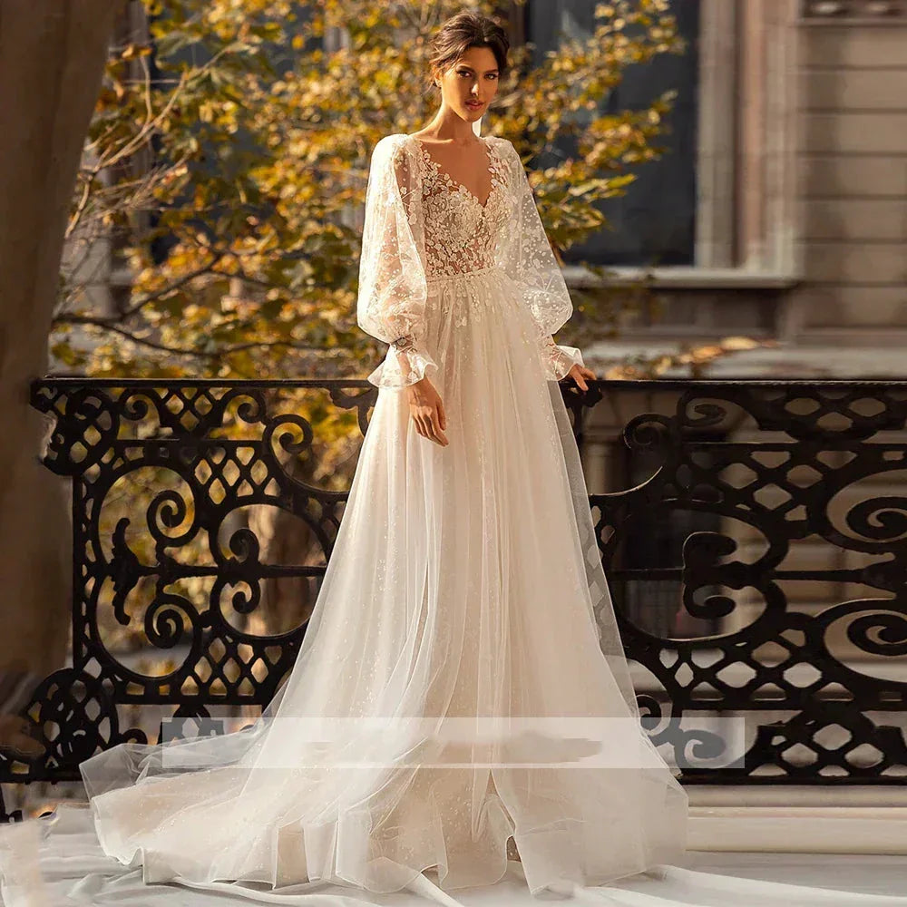 3D Flower Wedding Dress Lace Long Sleeve Women's Bridal Gownes Sexy V-neck Tulle Transparent A-line Dress Bohemia Robe Vestido