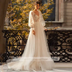 3D Flower Wedding Dress Lace Long Sleeve Women's Bridal Gownes Sexy V-neck Tulle Transparent A-line Dress Bohemia Robe Vestido