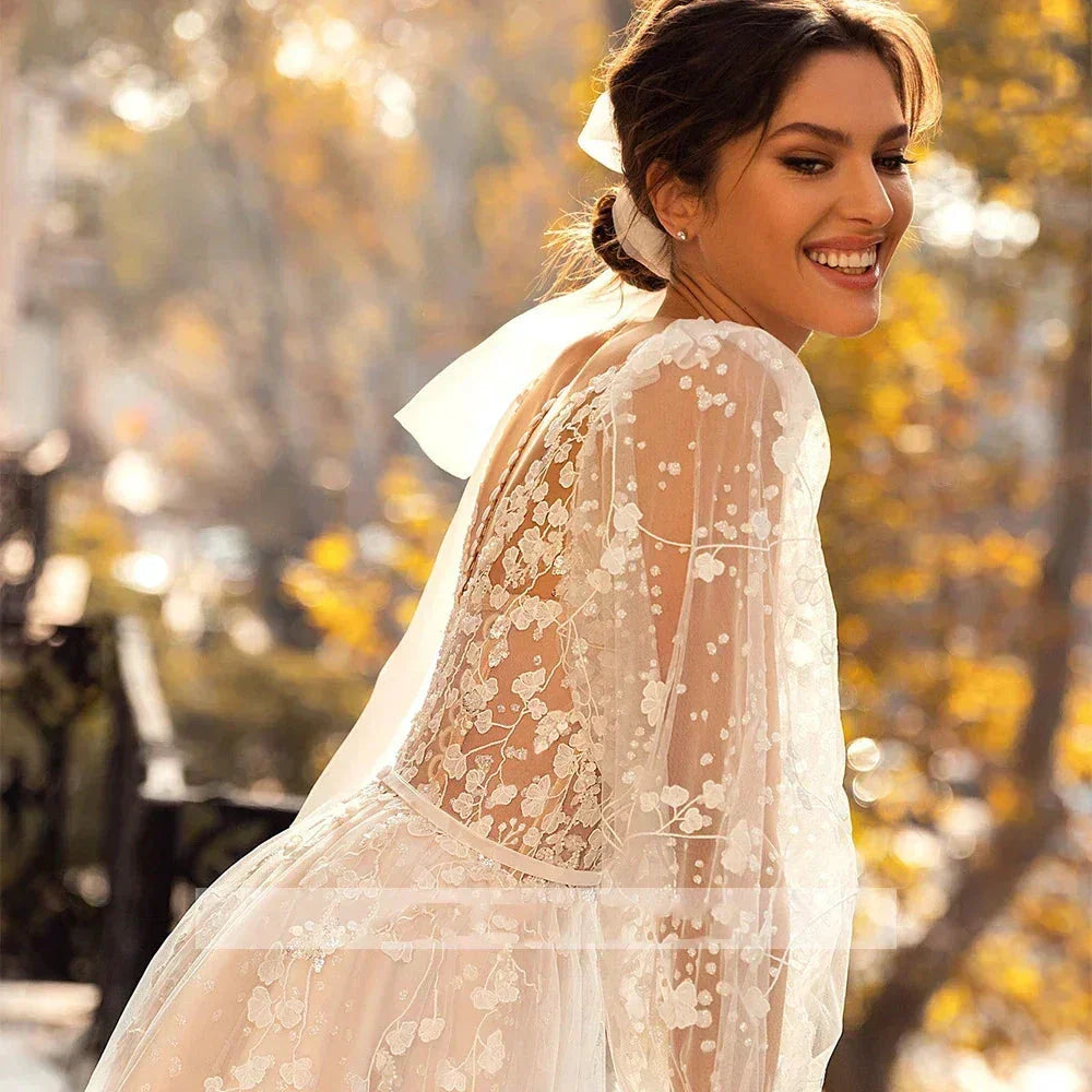 3D Flower Wedding Dress Lace Long Sleeve Women's Bridal Gownes Sexy V-neck Tulle Transparent A-line Dress Bohemia Robe Vestido