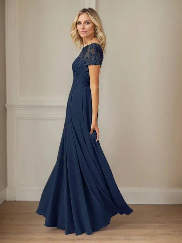 Dark Navy A-Line Boatneck Sequins Chiffon Dress