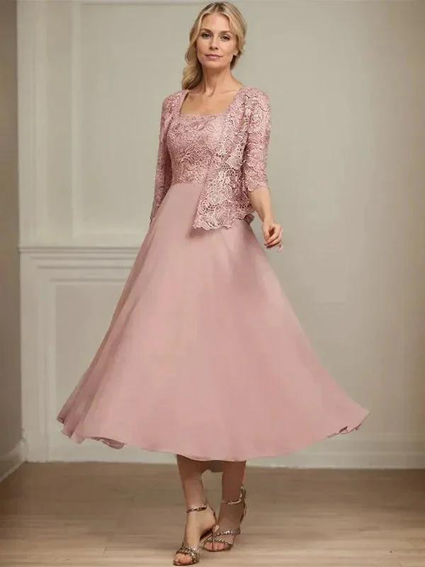 A-line Square Tea-Length Chiffon Lace Mother of the Bride Dress With Sequins Beading