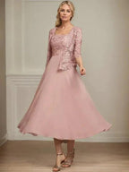 A-line Square Tea-Length Chiffon Lace Mother of the Bride Dress With Sequins Beading