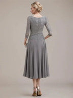 A-line Scoop Tea-Length Lace Chiffon Mother of the Bride Dress