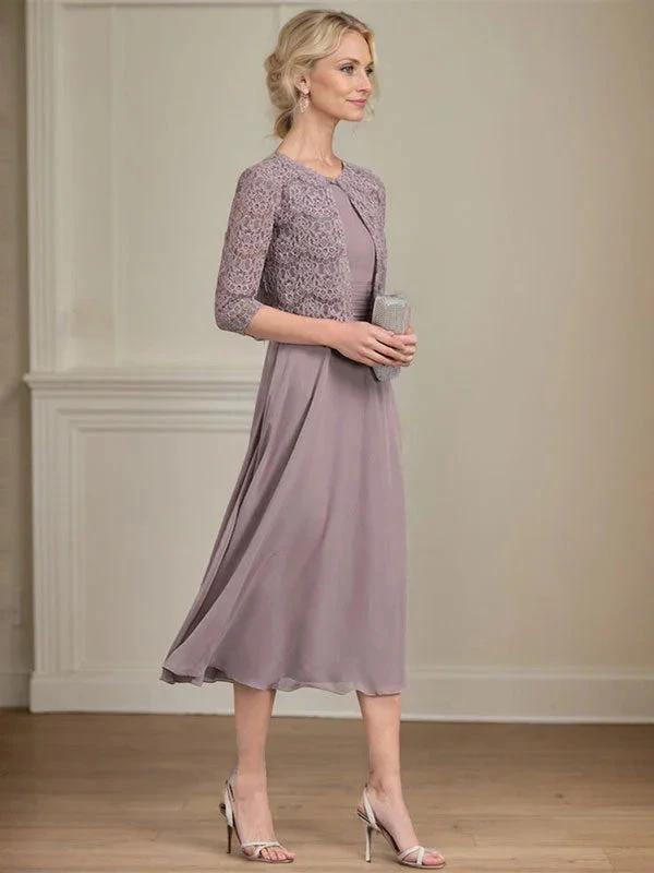 A-line Scoop Tea-Length Chiffon Mother of the Bride Dress With Pleated