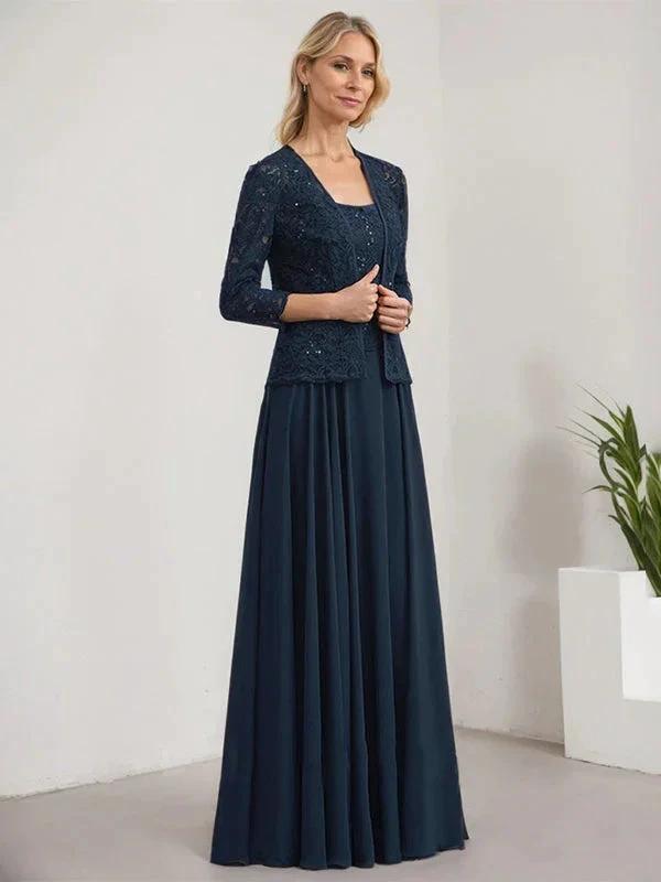 A-line Square Floor-Length Lace Chiffon Mother of the Bride Dress With Sequins