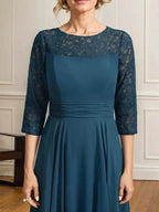 A-line Scoop Illusion Floor-Length Lace Chiffon Mother of the Bride Dress With Pleated
