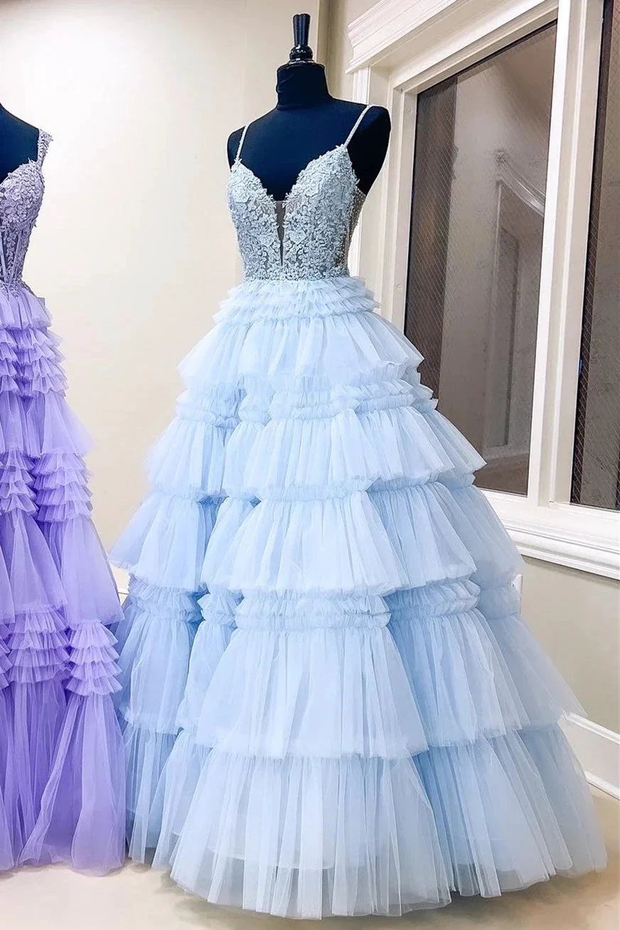 Hadlee | Black Beaded Spaghetti Strap Ruffle Tiered Ball Gown