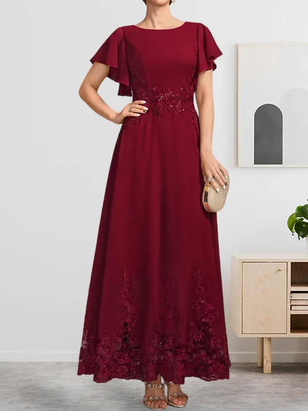 A-line Scoop Ankle-Length Lace Chiffon Mother of the Bride Dress With Sequins