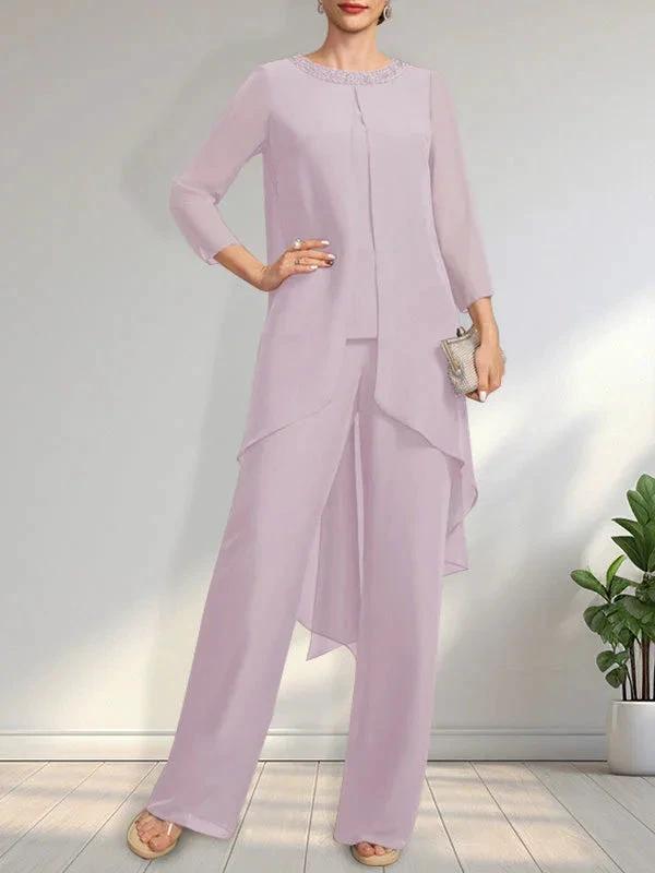 Separates Jumpsuit/Pantsuit Scoop Floor-Length Chiffon Mother of the Bride Dress With Sequins Beading