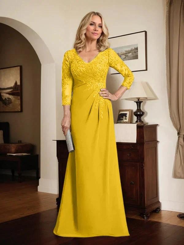 Sheath/Column V-Neck Illusion Floor-Length Lace Chiffon Mother of the Bride Dress With Pleated Sequins