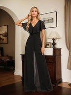 Jumpsuit/Pantsuit V-Neck Floor-Length Chiffon Evening Dress
