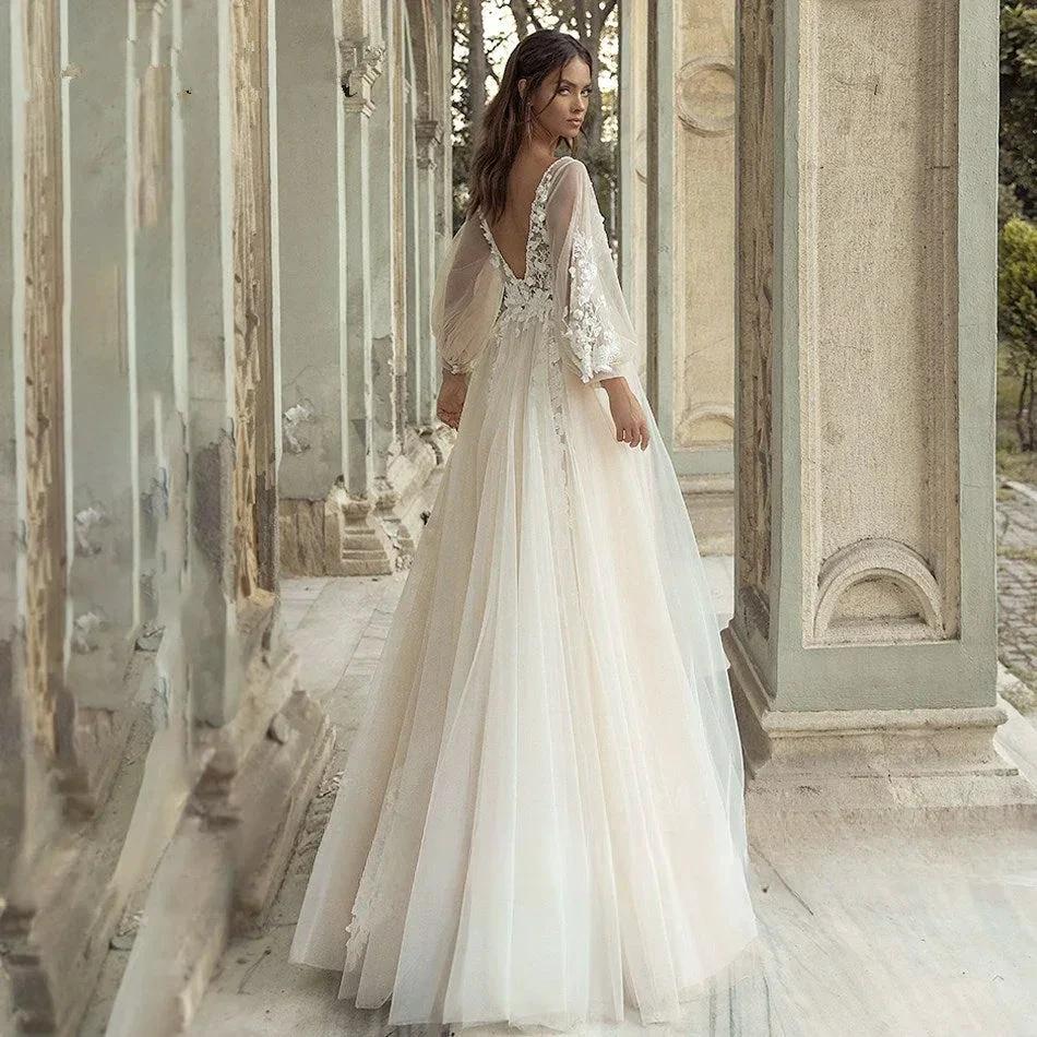 Elegant A-Line Wedding Dress Puff Sleeve Romantic Bridal Backless Beaded Appliques V-Neck Bride Dresses Vestido Noiva