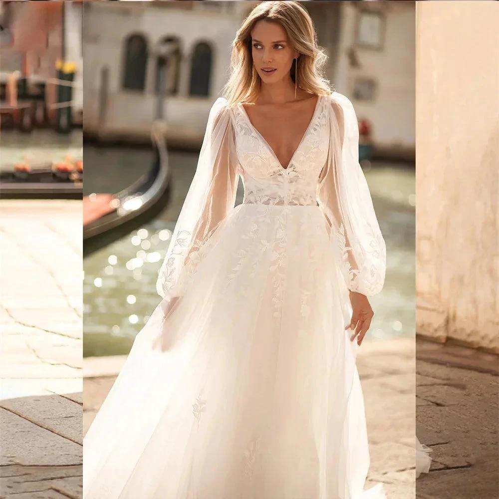 Sexy V Neck Lace Wedding Dresses 2024 Simple Long Puff Sleeves Bride Gowns Appliques Backless Custom Made