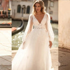 Sexy V Neck Lace Wedding Dresses 2024 Simple Long Puff Sleeves Bride Gowns Appliques Backless Custom Made