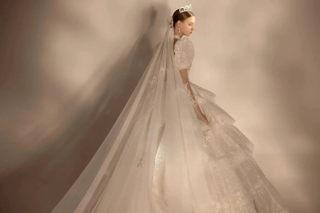 Regal High Neck Puff Sleeve Tulle Wedding Dress with Sequin Embroidery & Layered Ruffle Train Q6020