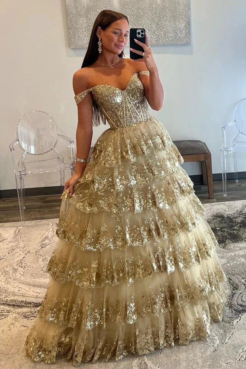 Leona |Princess Off the Shoulder Sequined Lace Prom Dress