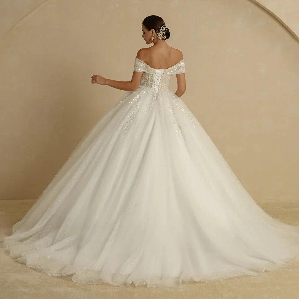 Ivory Beading Princess Wedding Dresses For Bride Off The Shoulder Sleeveless Women Glitter Ball Bridal Gown Robes