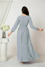 Sunnderly Evening Dresses Deep V-Neck Chiffon Bridesmaid Dresses Long Bishop Sleeve Side Split Formal Dress SY2806