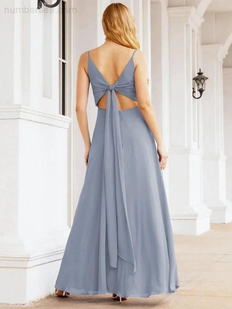 Numbersea Spaghetti Strap Bridesmaid Dresses V Neck Butterfly Back Fromal Evening Party Prom Gown 28036