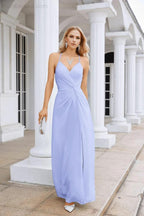 Ladies Chiffon Spaghetti Strap V Neck Front Slit Floor Length Bridesmaid Evening Dress Prom Party Wedding Evening Dress 28116