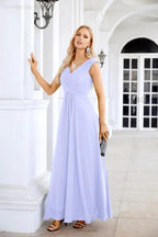 Ladies Chiffon V Neck Sleeveless Floor Length Bridesmaid Evening Dress Wedding Party Evening Dress 28126
