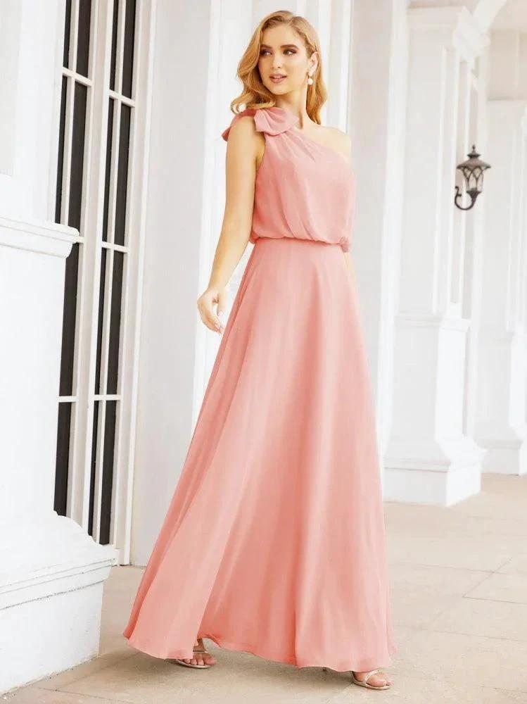 Numbersea Chiffon Ruffled One Shoulder Sleeveless Long Bride Dresses A-line Formal Evening Gown Side Split 28057