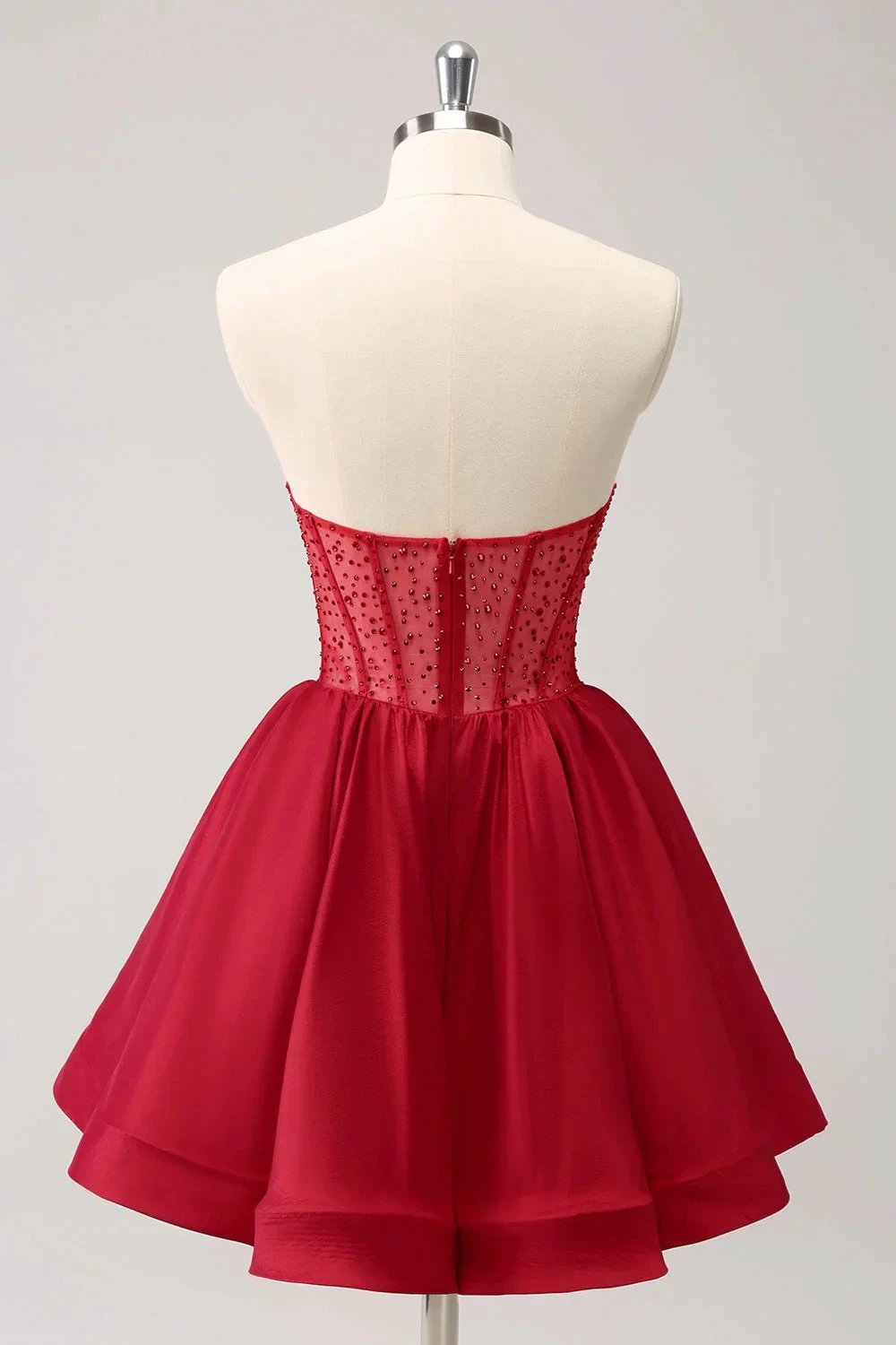 Cute Red A Line Strapless Corset Ruffle Homecoming Dress with Beading