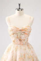 Cute Yellow A Line Cut Out Tiered Print Floral Homecoming Dress with Ruffles