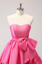 Cute Hot Pink A Line Strapless Pleated Short Homecoming Dress with Bow