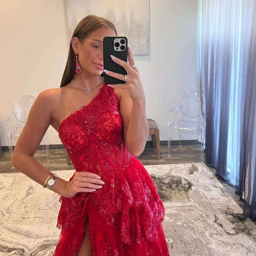 Livia |Sheath One Shoulder Tiered Lace Long Prom Dress