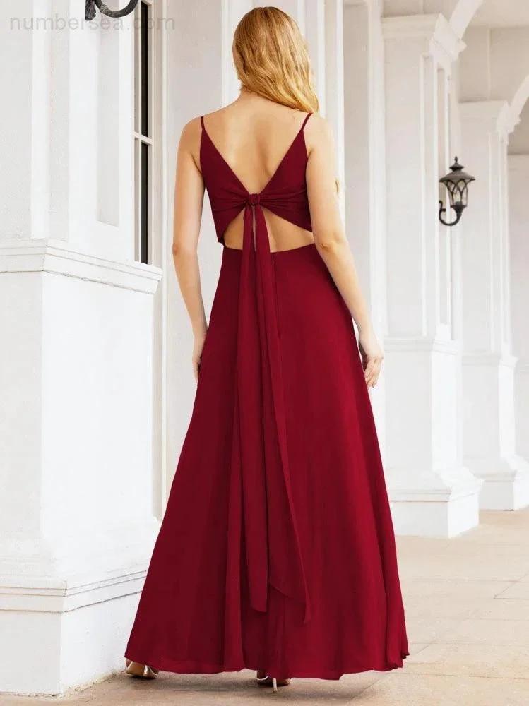 Numbersea Spaghetti Strap Bridesmaid Dresses V Neck Butterfly Back Fromal Evening Party Prom Gown 28036