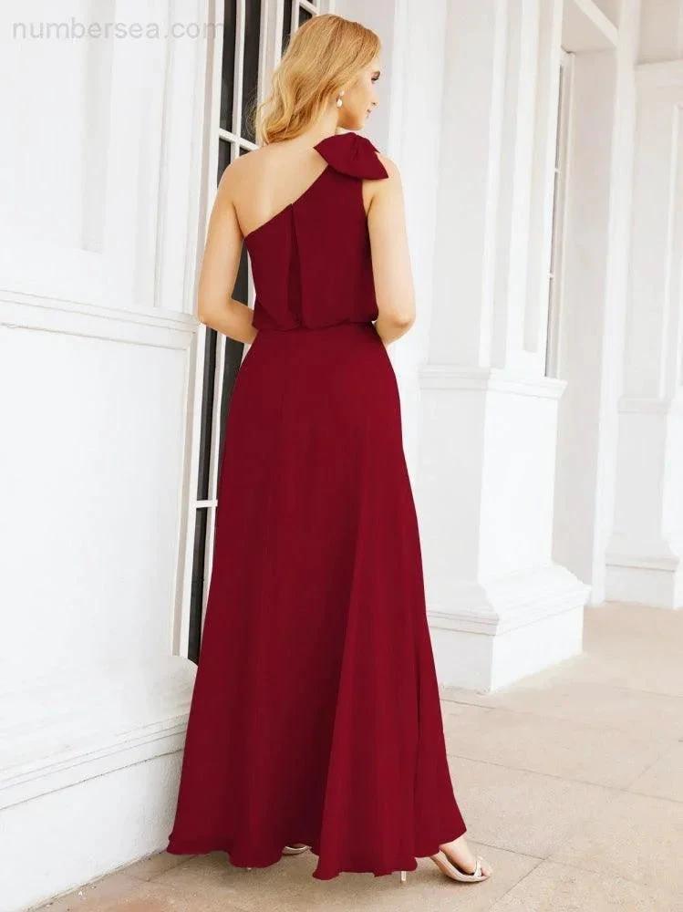 Numbersea Chiffon Ruffled One Shoulder Sleeveless Long Bride Dresses A-line Formal Evening Gown Side Split 28057