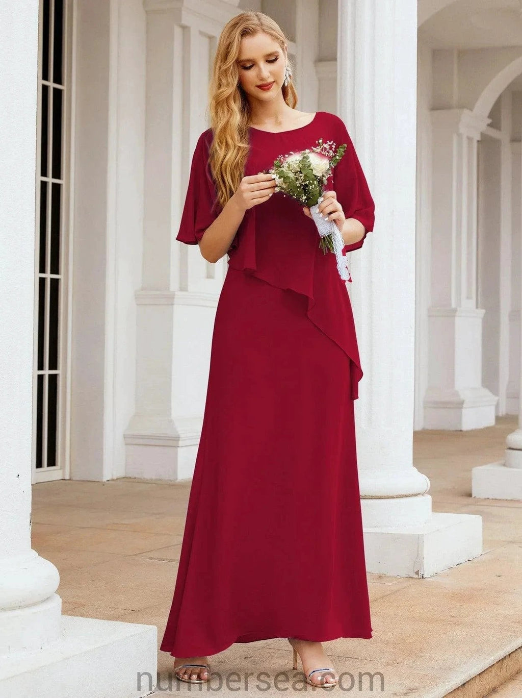 Sunnderly Formal Party Gown Dress Long Mother of The Bride Dresses with Ruffle Cape SY28026