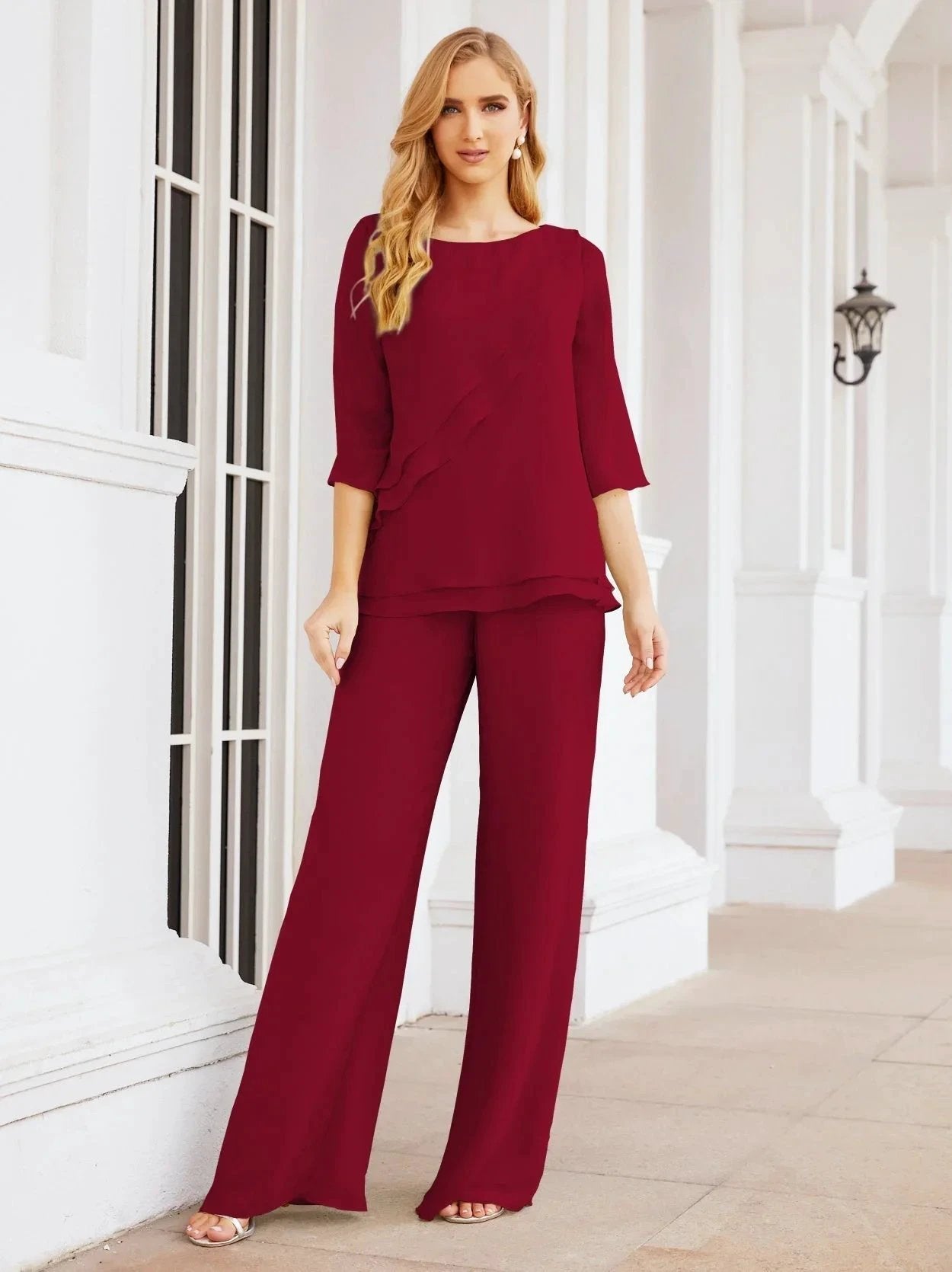 Sunnderly Elegant 2 Piece Mother of The Bride Dress Plus Size Pant Suits Ruffle Layers Sliver Housecoat SY28064
