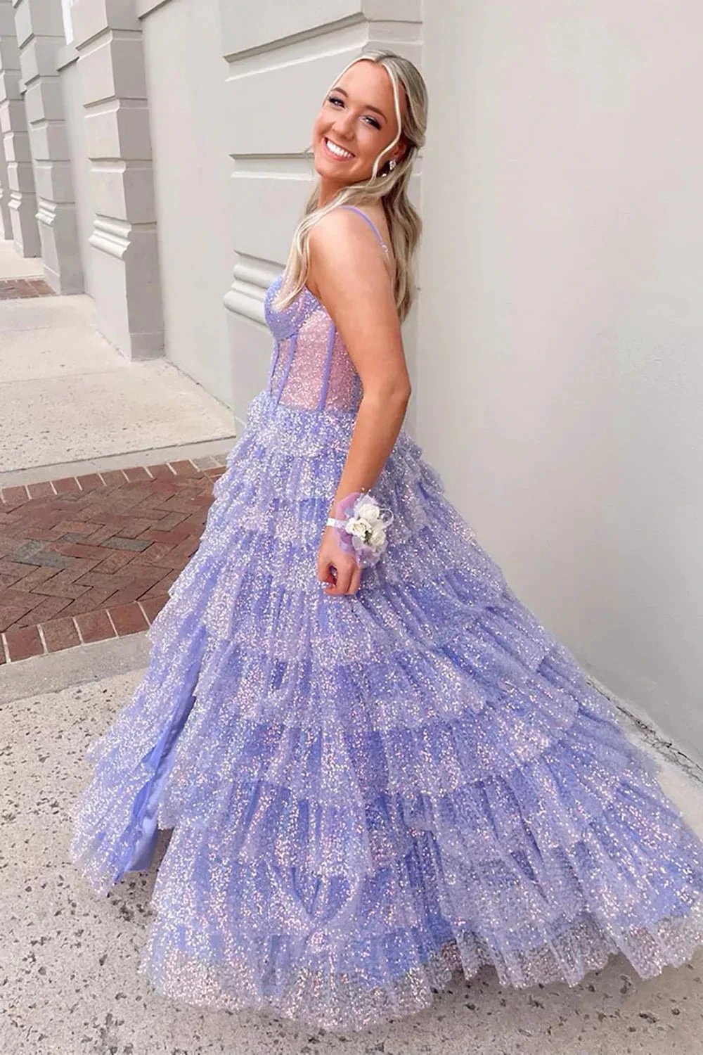 Eleanor | Glitter Tulle Corset Ruffle Tiered Long Prom Dress with Slit