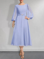 A-line Scoop Tea-Length Chiffon Mother of the Bride Dress With Crystal Brooch Pleated