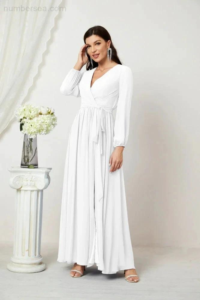 Sunnderly Evening Dresses Deep V-Neck Chiffon Bridesmaid Dresses Long Bishop Sleeve Side Split Formal Dress SY2806