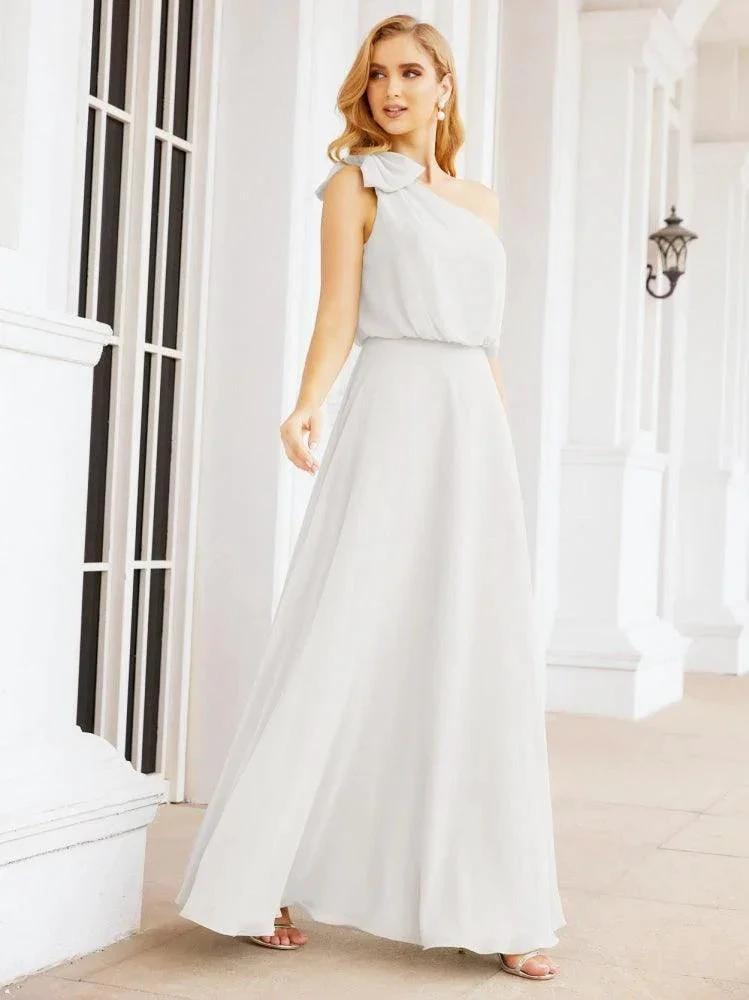 Numbersea Chiffon Ruffled One Shoulder Sleeveless Long Bride Dresses A-line Formal Evening Gown Side Split 28057